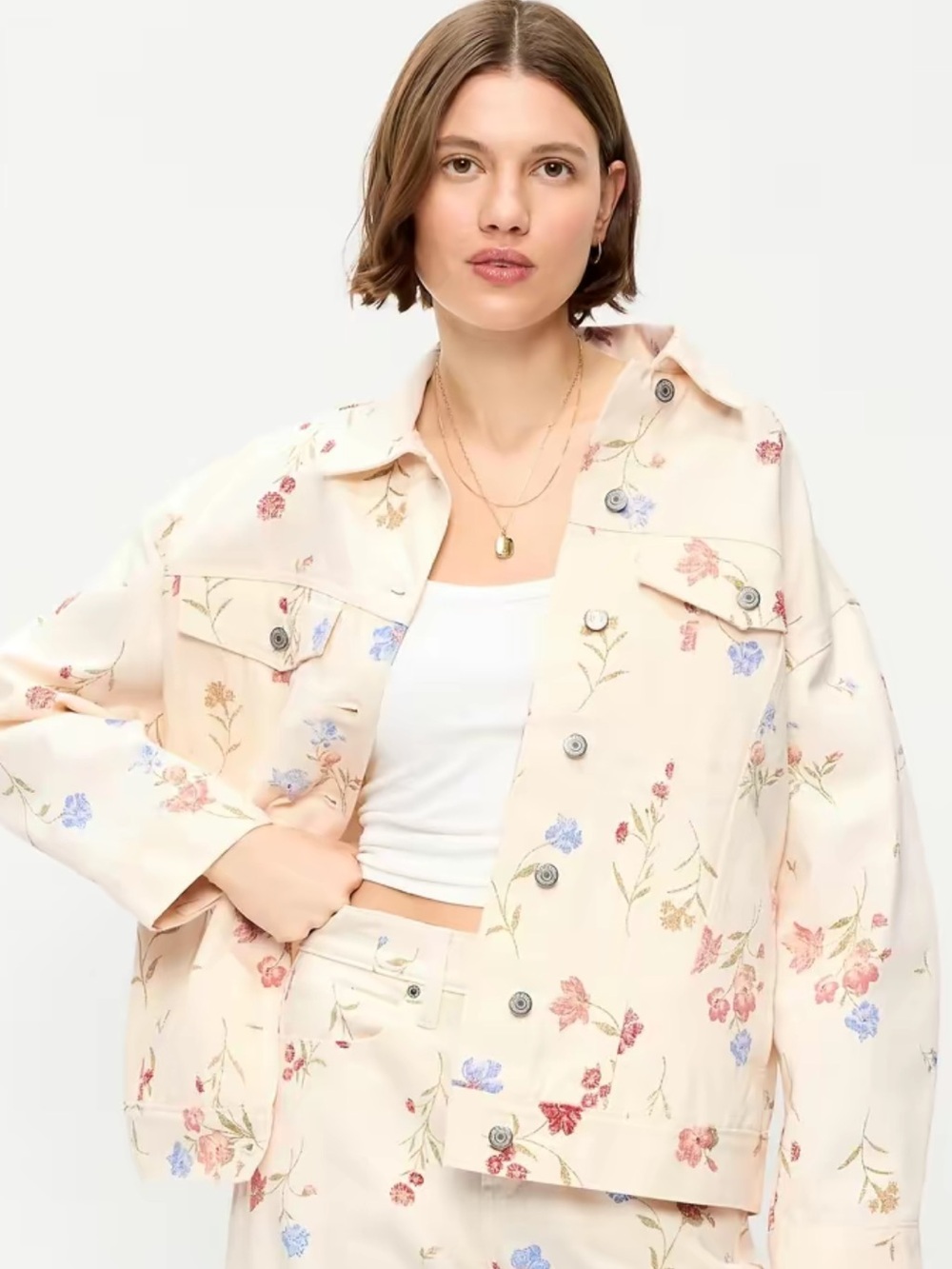 Old Navy Cream Floral Oversized Jean Jacket
